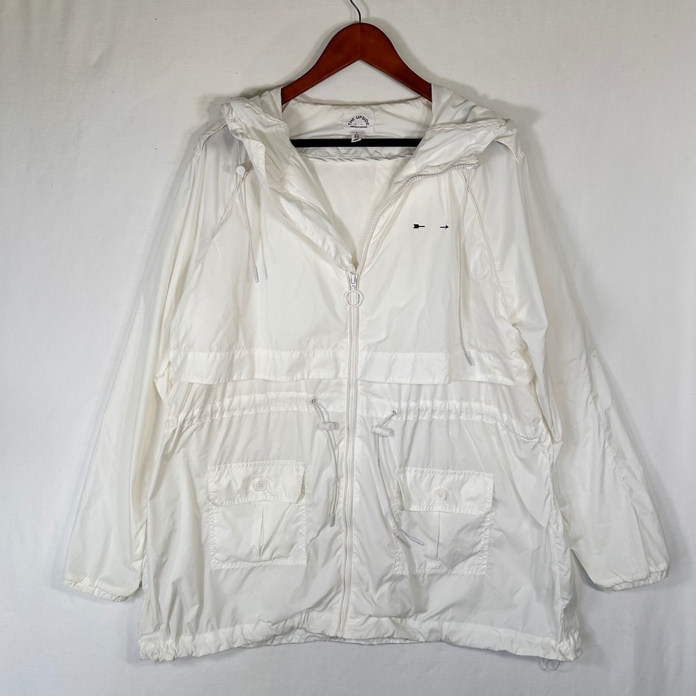 The Upside Ella Parka White Nylon Windbreaker Hooded Jacket Womens L Drawstring